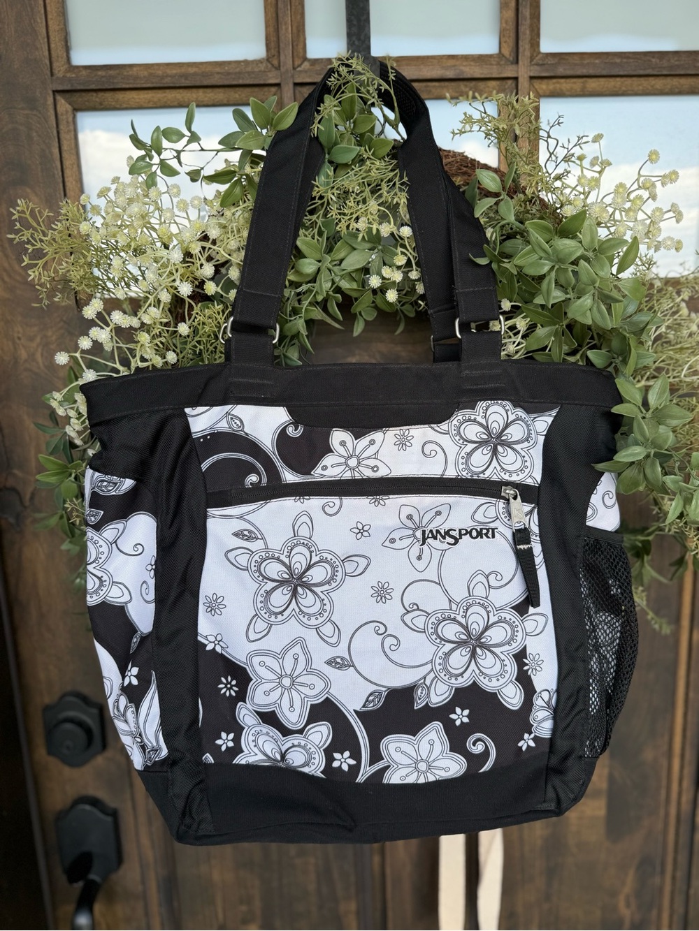 Y2K vintage JanSport Black & White Floral Tote Bag